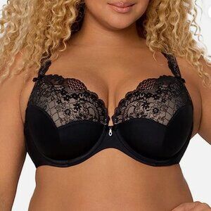 CURVY COUTURE Tulip Lace Push Up Balconette Bra in Black - Size 34G